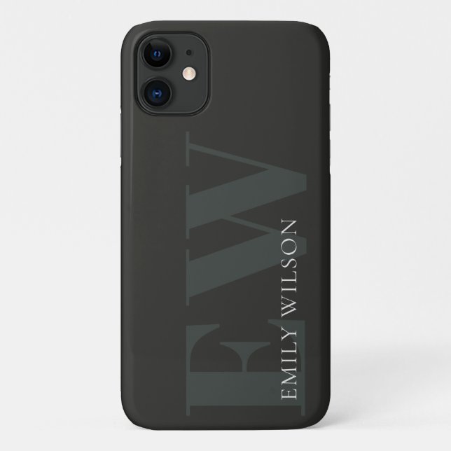 Coques Case-Mate iPhone Élégant rustique foncé vert foncé Monogramme noir (Dos)