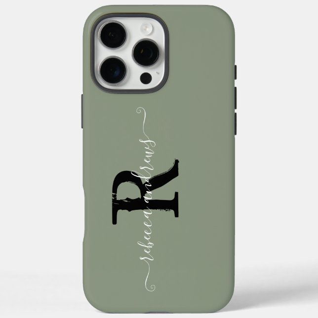 Coques Case-Mate iPhone Élégant Sage Vert Incitants Monogramme Nom du scri (Verso)