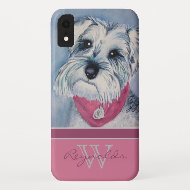 Coques Case-Mate iPhone Elégant Schnauzer moderne w Fuchsia Nom du monogra (Dos)