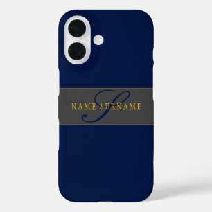 Coques iPhone 16 Élégant Script Monogram Dark Navy Blue Grey & Gold