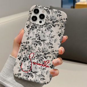 Coques iPhone 16 Élégant toile noir blanc monogramme rouge