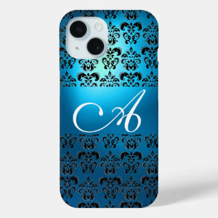 COQUE POUR iPhone 15 ÉLÉGANT TURQUOISE AQUA BLEU BLACK DAMASK MONOGRAM