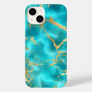 Coque Pour iPhone 14 Elégant Turquoise Gold Aqua Blue Marble