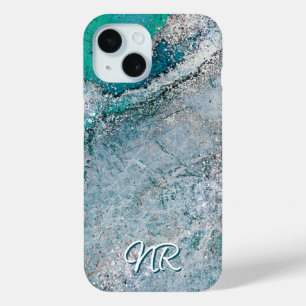 Coque Pour iPhone 15 Elégant Turquoise Turquoise bleu vert Monogramme m
