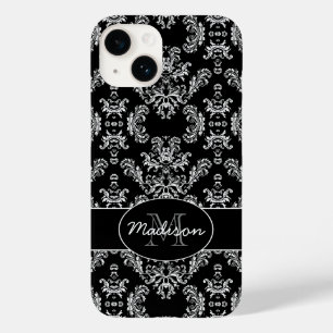 Coques Pour iPhone Élégant vintage blanc damassé noir Monogramme