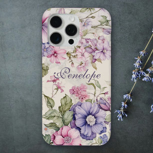 Coque iPhone 15 Pro Max Élégant Vintage Floral Purple Rose Personnalisé