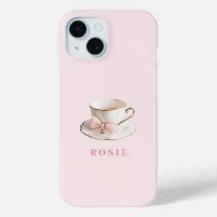Coque Pour iPhone 15 Elégante Coquette Preppy Pink Teacup avec Bow