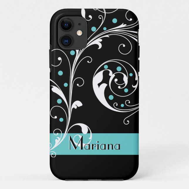 Coques Case-Mate iPhone Élégante feuille florale noir, aqua fleurit (Dos)