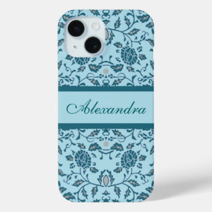 Coque Pour iPhone 15 Elégante Fleur Turquoise Damas