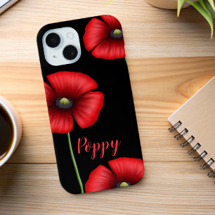 Coque Pour iPhone 15 Élégante Fleurs de pavot rouge Nom Floral Noir