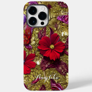 Coque Pour Pour iPhone 14 Pro Max Elégante Fleurs Rouge et Or Nom personnalisé