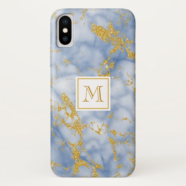 Coques Case-Mate iPhone Elégante Parties scintillant en marbre bleu Monogr (Dos)