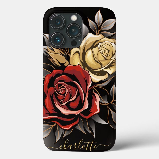 Coques Case-Mate iPhone Elégante Rose rouge Flower Gold Noir (Verso)