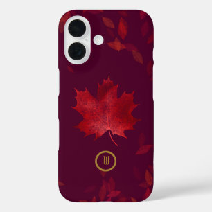 Coques iPhone 16 Élégantes feuilles d'automne rouge et or bordeaux