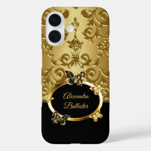 Coques iPhone 16 Élite Élégant Damassé Floral Papillon Or Noir 