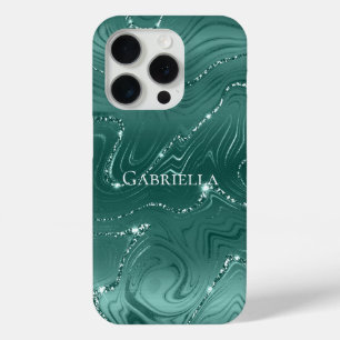 Coque iPhone 15 Pro Emerald Green Glitzy Marble personnalisé