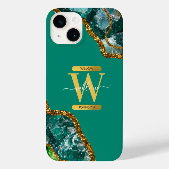 Coques Case-Mate iPhone Emerald Green & Gold Agate Géode Monogramme (Verso)