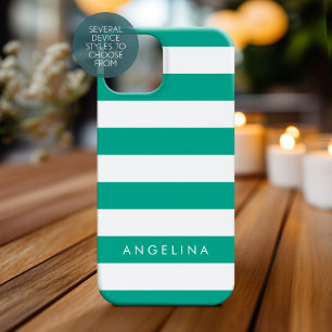 Coques Pour iPhone Emerald Green & White Stried Motif Nom personnalis