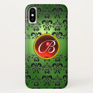 COQUE iPhone X   EMERALD VERT DAMASK RED GEM MONOGRAS