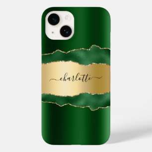 Coque Pour iPhone 14 Émeraude vert or agate marbre nom script