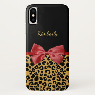 Coque iPhone X Empreinte de léopard Black Gold à la mode Bow roug