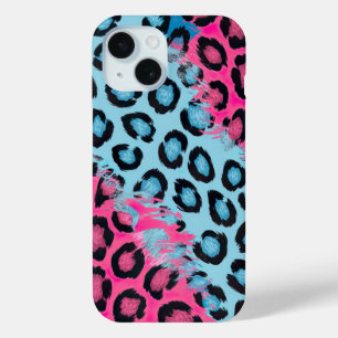 Coque Pour iPhone 15 Empreinte de léopard dynamique en rose et bleu