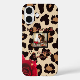 Coques iPhone 16 Empreinte de léopard Red Rose M. et Mme Texte Phot