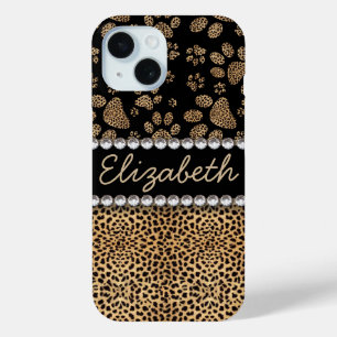 Coque Pour iPhone 15 Empreintes de patte de léopard à strass PHOTO IMPR