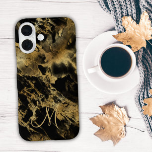 Coques iPhone 16 Encre alcool Monogramme Marbre Noir Or Aquarelle