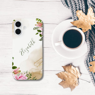Coques iPhone 16 Encre alcoolique florale rose vert or Monogram
