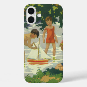 Coques iPhone 16 Plus Enfants vintages Jouer Jouet Bateaux à voile Étang