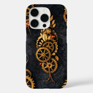 Coques iPhone 16 Pro Engrenages dorés vintage et néon rouge Cyberpunk m