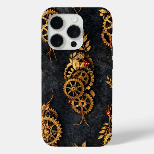 Coque iPhone 15 Pro Engrenages dorés vintage et néon rouge mythique Cy