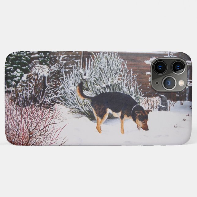 Coques Case-Mate iPhone Enneigement hivernal avec un mignon chien noir et  (Dos (Horizontal))