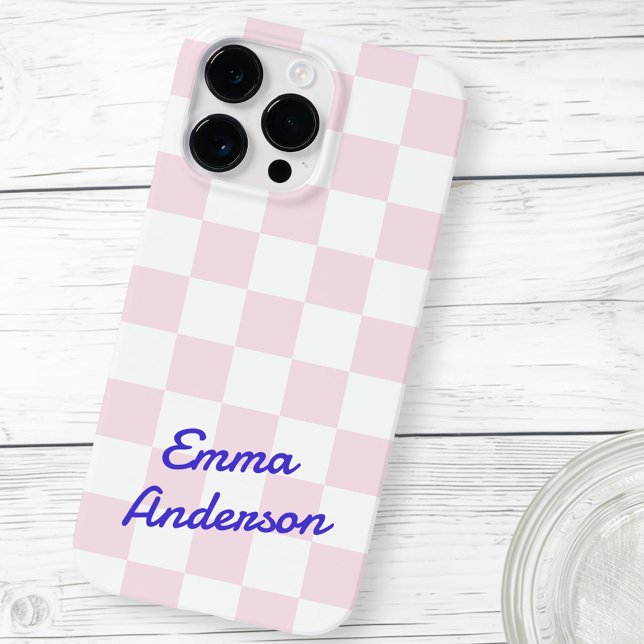 Coques Case-Mate iPhone Enseigne rétro rose pâle motif damier blanc (Retro name light pink white checkerboard pattern Case-Mate iPhone case)