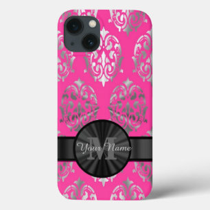 iPhone 13 Coque Et argentée monogramme personnalisé par damassé