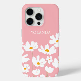 Coque iPhone 15 Pro Été Blanc Fleurs Cosmos Nom personnalisé