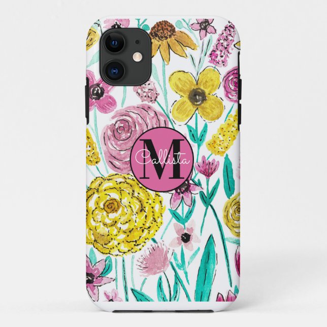 Coques Case-Mate iPhone Été rose Fleurs Jaunes Aquarelle Monogramme (Dos)