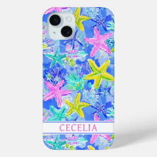 Coque iPhone 15 Mini Étoile de mer à l'aquarelle monogrammée