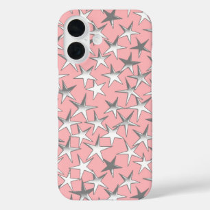 Coques iPhone 16 Étoiles argentées, sur fond rose coquillage