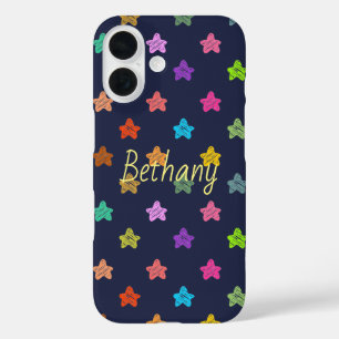 Coques iPhone 16 Étoiles colorées de Doodle Fun sur Bleu Personnali