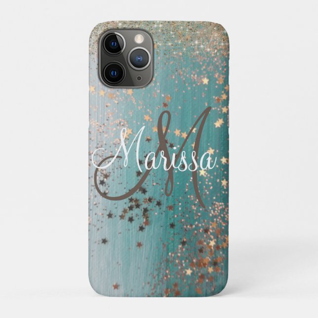 Coques Case-Mate iPhone Étoiles de monogramme sur Turquoise personnalisé (Dos)