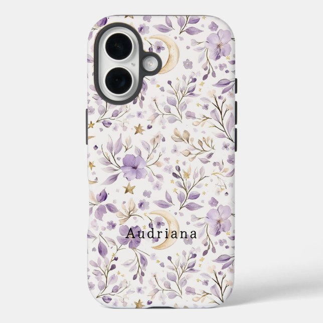 Coques Case-Mate iPhone Etoiles d'or Lune Fleurs violettes (Verso)