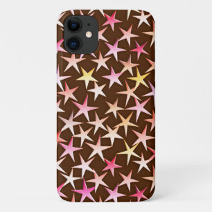 Coque iPhone 11 Étoiles satinées, rose sur chocolat