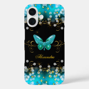 Coques iPhone 16 Exotic Turquoise Blue Gold Black Butterfly Sparkle