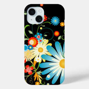 Coque Pour iPhone 15 Explosion florale de couleur sur noir