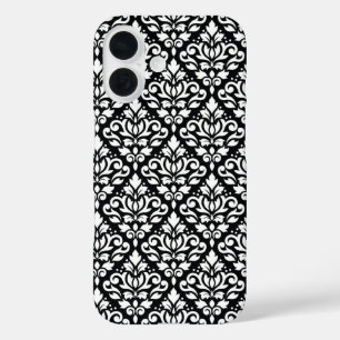 Coques iPhone 16 Faire défiler Damask blanc sur le Motif noir
