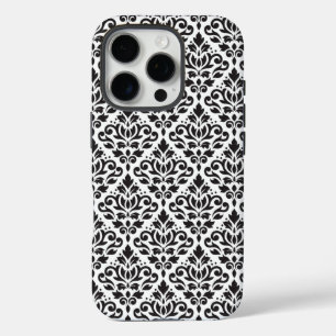 Coques iPhone 16 Pro Faire défiler Damask noir sur Motif blanc