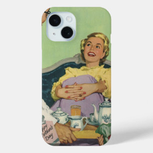 Coque Pour iPhone 15 Famille Rétro Sert le Petit Déjeuner au Lit à Mama
