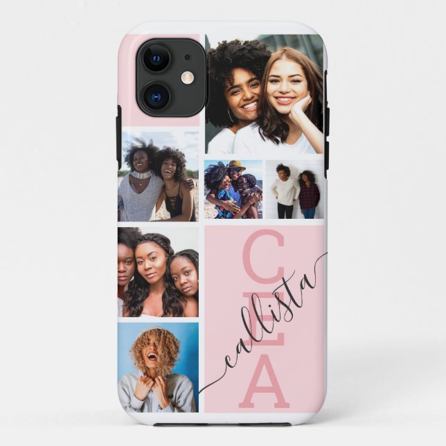 Coques Case-Mate iPhone Famille Rose Amis Photo Collage Nom du monogramme (Dos)